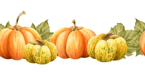 Ripe pumpkins in orange and yellow colors watercolor seamless border on white. Horizontal endless background for autumn harvest gourds designs and Thanksgiving day greeting cards. October vegetables