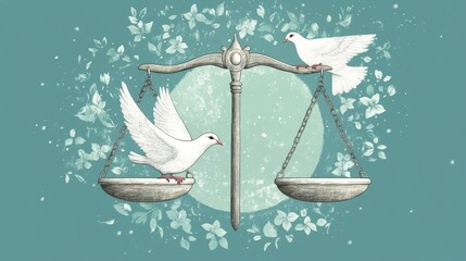 Two White Doves Perched on a Scale with Floral Accents