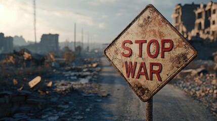 A road sign reading STOP WAR stands among ruins representing a call for compassion Let s come together to create a peaceful non violent world