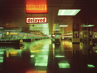Late night airport terminal with delayed sign reflecting on shiny floors, creating quiet and eerie atmosphere. empty space evokes sense of waiting