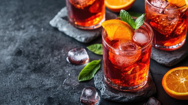 Tasty negroni cocktails featuring campari gin vermouth and a zesty orange twist A refreshing summer beverage on a stone background perfect for festive gatherings