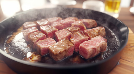 Sizzling pieces of steak are grilled to perfection, releasing steam and enticing aromas in a vibrant dining setting.