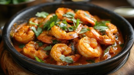 Prawn curry masala garnished with coriander embodying the essence of spicy cuisine