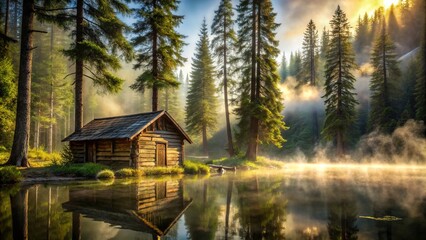 Fototapeta premium The abandoned cabin stands alone, a ghostly silhouette against the serene lake and whispering pines.
