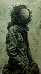 Obraz premium Surreal Portrait: A Human Figure with a Moon-Like Head Covered in Plants