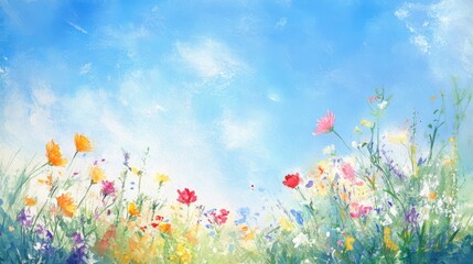 Watercolor painting of a vibrant field of wildflowers under a clear blue