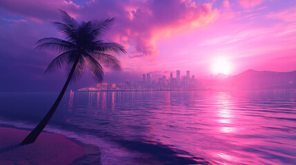Fototapeta premium Tropical beach at sunset with city skyline in purple hues