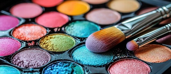 Naklejka premium Palette Of Colorful Eyeshadows And Make Up Brushes Close Up Isolated