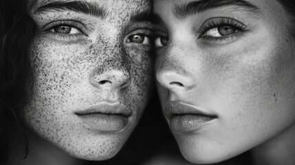 Close up Black and White Portrait of Two Freckled Women