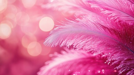 Obraz premium Ostrich feathers against a magenta backdrop with sparkles ideal for festive themes or celebrations Close up view for a vibrant design