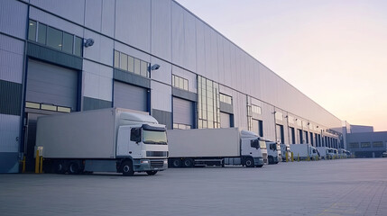 Obraz premium Modern logistics warehouse with trucks parked outside at sunset, showcasing efficient transportation and storage solutions