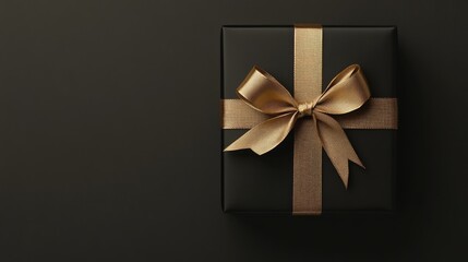 Top view of a black gift box adorned with a golden bow on a neutral background