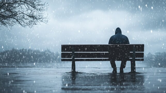 Lonely figure seated on a bench in the rain conveying profound feelings of sadness and loss on a gloomy winter day