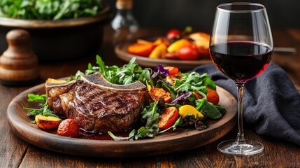 Delicious baked steak accompanied by fresh vegetables and a vibrant salad elegantly presented on a dining table alongside a glass of red wine