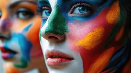 Close up of faces adorned with a vibrant array of paint highlighting vivid expressions of body art and creativity
