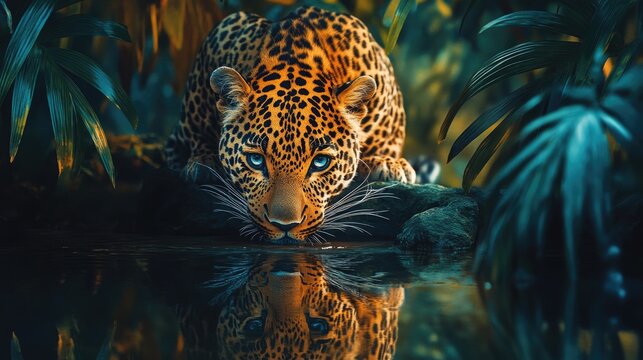 A leopard gazes thoughtfully at its reflection in a water puddle surrounded by vibrant greenery