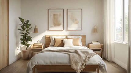 Scandinavian style bedroom featuring neutral decor and artwork above the bed showcasing a minimalist aesthetic