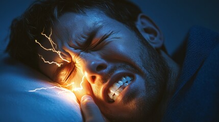 A person experiences intense pain with an electric shock effect around their face, conveying a sense of distress and suffering in a dark environment.