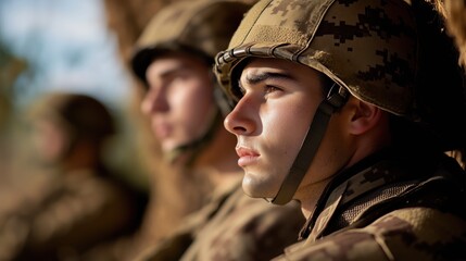 Fototapeta premium Three soldiers in camouflage helmets, focused and alert, exhibit determination and teamwork during a military operation in a natural setting.