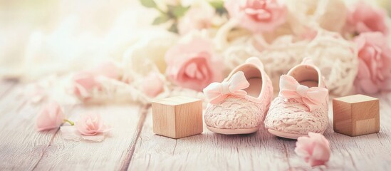 Pink Baby Girls Baby Shower Or Birth Announcement Card With Vintage Shoes And Blocks Horizontal Photo With Side Angled View And With Room Or Space For Copy Text Or Your Words On The Card