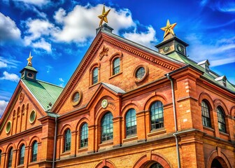 Obraz premium The Sapporo Beer Museum showcases a charming red brick structure, distinguished by arched windows and star symbols, creating a picturesque scene under a clear blue sky.