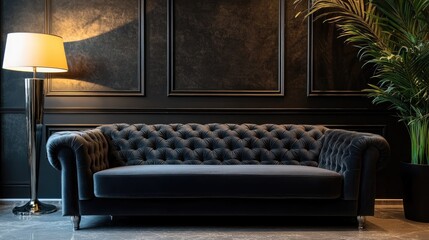 Elegant dark themed living room featuring a luxurious sofa stylish lamp and decorative plant Interior decor showcased beautifully