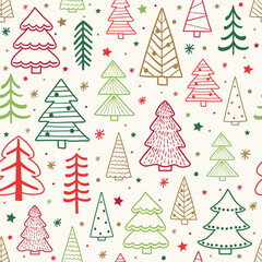 Christmas tree background. Seamless pattern design with hand drawn ornaments. Wallpaper concept. Vector illustration