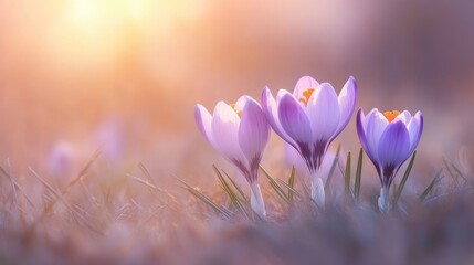 Purple crocus flowers blooming amidst a softly blurred grassy backdrop in the early spring season