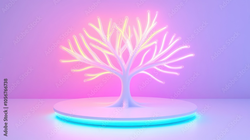 Poster illuminated tree sculpture a modern art piece blending nature and technology with a neon glow