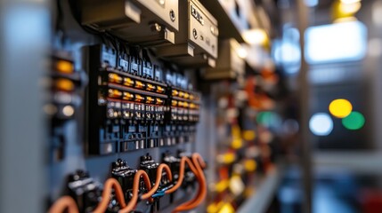 Naklejka premium Close up image of newly arranged industrial leads and fuses organized within a control cabinet