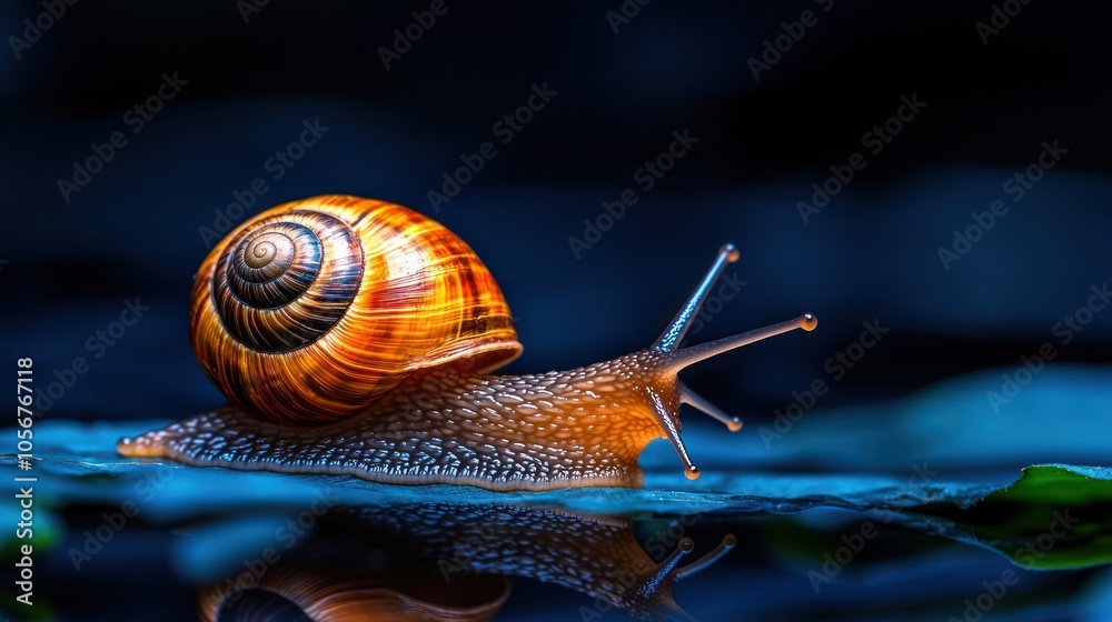 Poster the beauty of nature a close-up view of a snail gliding on a leaf in a serene environment