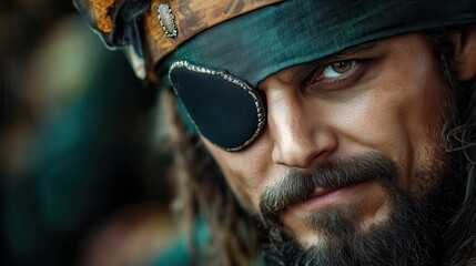 A close-up of a rugged pirate with a distinctive eye patch and fierce gaze, ideal for illustrations in adventure stories, themed events, or marketing for pirate-themed attractions,