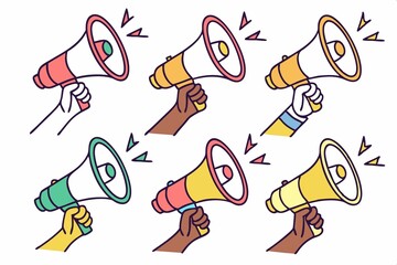 Collection hand holding megaphone vibrate color isolate