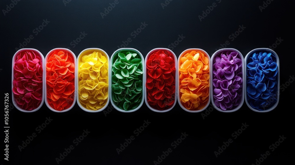 Poster vibrant and colorful display of petals in a minimalist arrangement on a dark background