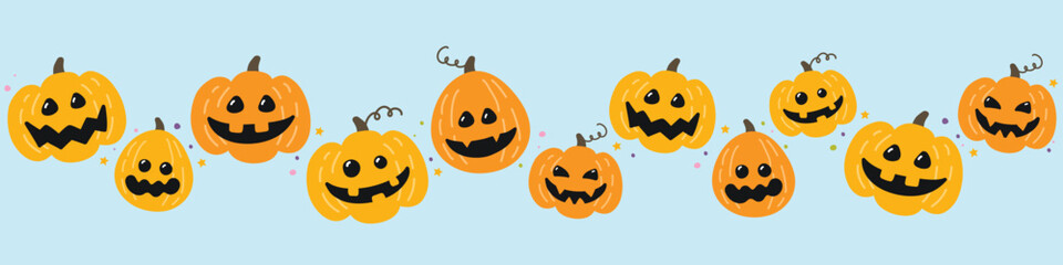 Halloween design. Banner with funny hand drawn pumpkins. Vector illustration