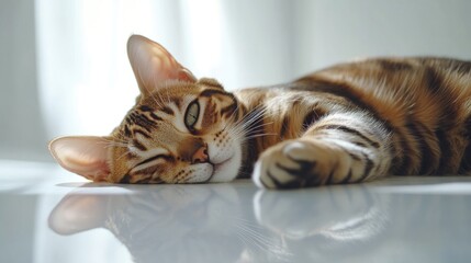Bengal cat resting on a clean white surface