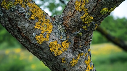 Tree trunk and branch featuring cracked bark adorned with vibrant green lichen contrasting beautifully with the surrounding natural environment