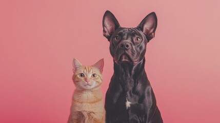Fototapeta premium Portrait of a dog and cat against a pastel backdrop showcasing themes of friendship and the bond between pets
