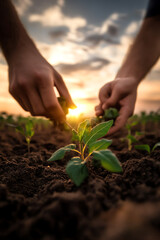 Nurturing growth a farmer's hands planting seedlings against a golden sunset symbolizing hope and sustainability in agriculture