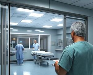 Obraz premium Doctor Discussing Surgical Procedure with Patient in Organized Hospital Room, Safety, Care, and Professionalism, Medical Expertise and Patient Trust