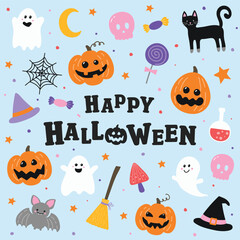 Halloween poster with hand drawn elements in retro style. Vector illustration