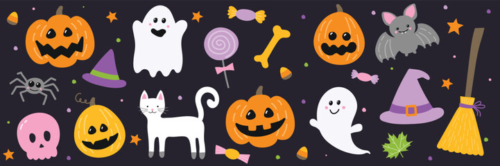 Collection of a hand drawn elements for Halloween. Vector illustration