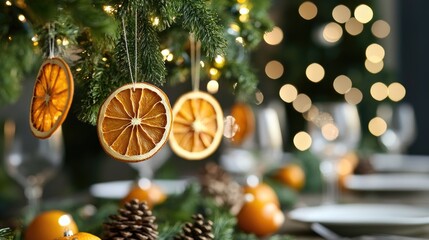 Eco friendly zero waste Christmas decorations featuring natural hanging ornaments including dried orange slices and pine cones displayed on a table with a festive atmosphere
