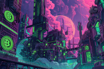 A futuristic scene featuring a clash between blockchain-inspired cryptocurrencies and traditional fiat money, depicted through surrealistic art with a neon color palette and vivid contrasts.