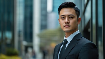 Serious young Asian businessman in a suit standing confidently outside a modern office building representing a professional banking and entrepreneurial image