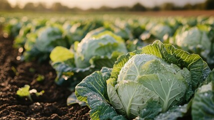 Fresh white cabbage in a farm field glistening with water droplets after rainfall New harvest ready for selection