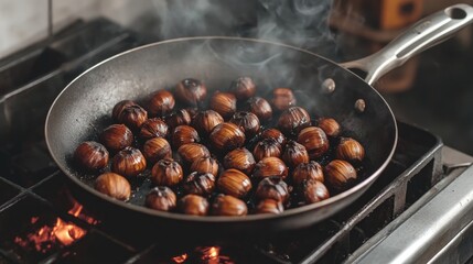 Roasting chestnuts in a kitchen pan