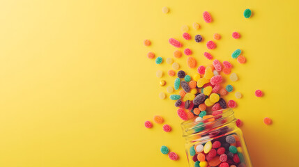 Colorful Candy Explosion in Jar on Vibrant Yellow Background Celebrating National Candy Month