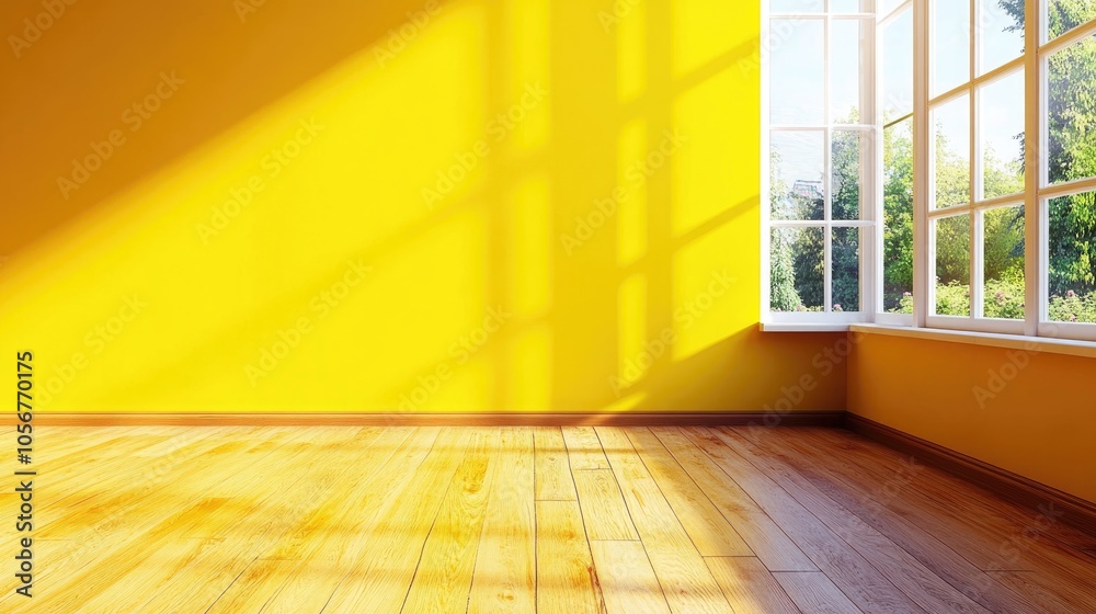 Poster bright yellow empty space featuring a wooden floor a window and a wall ideal for use as a blank back