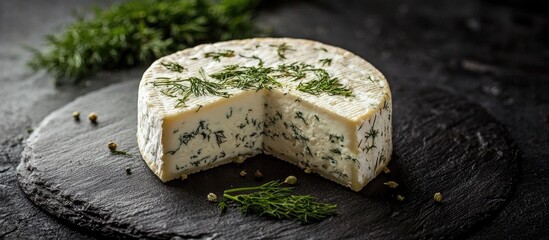 Piece Of Cheese With Dill On Black Background Homemade Products